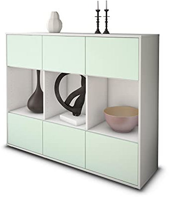 Stil.Zeit Highboard Kommode Suna, Korpus Weiss matt, Front Farb-Design Eisblau (136x108x35cm), Push-to-Open Technik & Leichtlaufschienen