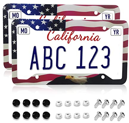 Amerikanische Flagge Adler Patriotische Nummernschildrahmen Abdeckungen Halter US Amerikanische Flagge Adler Auto Tags Rahmen Halter Edelstahl Aluminium 2 Pack 4 Löcher Dekorativ 2 Stück Set für