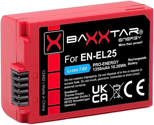 Baxxtar Batterie Pro EN-EL25 (1350 mAh) avec capteur NTC Actif - Compatible avec Nikon Z30 Z50 Z20II Z-FC