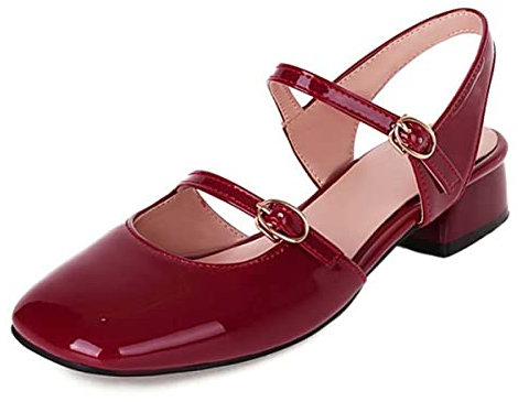 JOEupin Mary Jane - Scarpe décolleté da donna con cinturino regolabile, punta quadrata in vernice e tacco grosso, 3 cm, Rosso, 34 EU