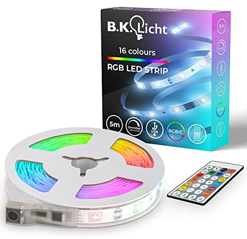 B.K.Licht - USB LED Strip 5m mit Musiksensor, Fernbedienung, RGB IC dynamischer Farbwechsel, LED Streifen, Leiste, Zimmer deko, Gaming Deko, Band, Lichtleiste, 500x0,8x0,3 cm, Weiß