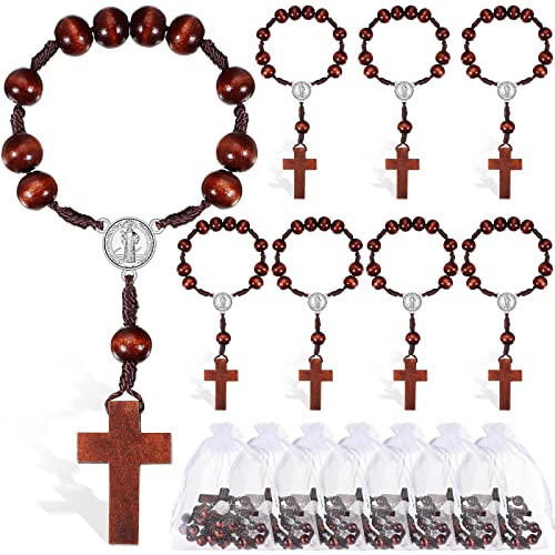 Yinkin 30 Stück Tauf-Rosenkranz Bibelvers Gastgeschenke Mini Taufe Gastgeschenke Holz Rosenkranz Religiöse Kreuze Bulk Geschenke mit 30 Organza-Beuteln Mini-Rosenkränze Großpackung für Erstkommunion
