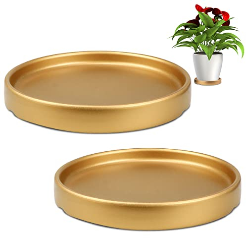 LNQ LUNIQI 2Pcs Round 6 Inch Ceramic Plant Saucer Drip Tray for Indoor Flower Pots Home Garden Outdoor Flower Plant Pot,Gold Saucers