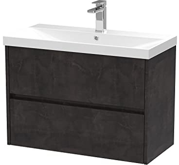 Hudson Reed HAV2606D Havana Modern Bathroom Wall Hung 2 Drawer Vanity Basin Unit & Thin-Edge Ceramic Basin, 800mm, Matt Metallic Slate