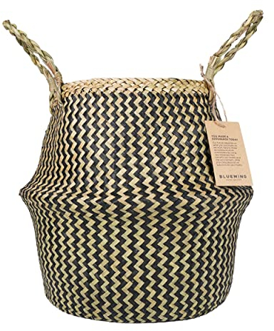 Blueming Home Decor Pflanzkörbe - Großer Seegras Blumentopf für hohe Zimmerpflanzen, gewebter Weidenkorb Pflanzgefäß für Boho Dekor, dekorativer Rattankorb (Schwarz, 10-11 Zoll)