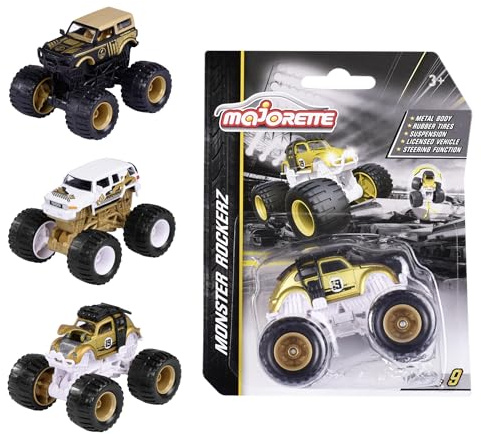 Majorette – Gold Rockerz Monster-Trucks – 1 von 3 zufälligen Spielzeugautos, Monstertruck aus Metall und Kunststoff mit Lenkfunktion, Freilauf und Federung, für Kinder ab 3 Jahren