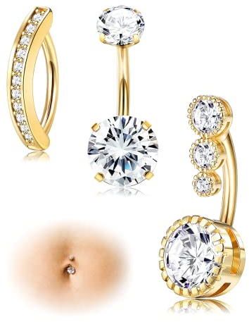 JeryWe 2-3Pcs 14G bauchnabelpiercing für Frauen 316L Chirurgenstahl CZ Opal Reverse Curved Nabelpiercing Körperschmuck Piercing Bauchnabel(Stil4-Gold)