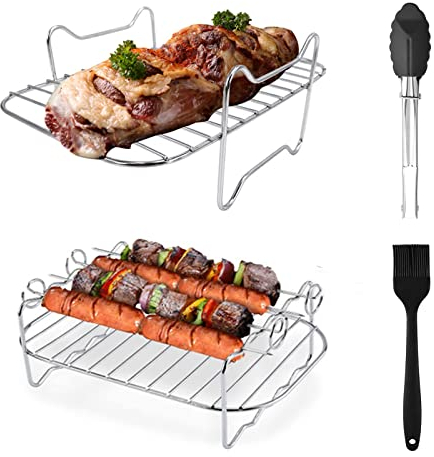Dulket 2pc Stainless Steel Air Fryer Rack Set with Oil Brush and Clips, Multipurpose for Barbecue, Roasting Oven