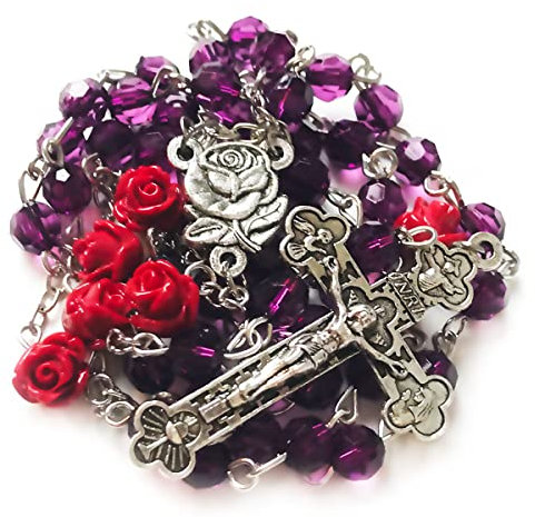 Catholic Heirlooms Purple Crystal Cut Red Rose Rosary Beads Catholic Women's Rosary, Catholic Gifts Women, Rosario Regalos Para Mujer
