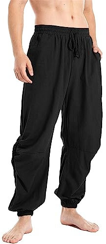 YAOBAOLE Pantalon Lin Homme Été Décontracté Harem Ample Léger Coton Lin Taille Élastique avec Cordon, Look Médiéval Hippie Noir 3XL