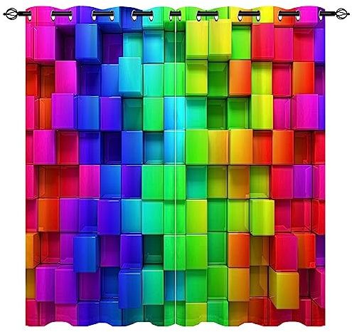 YUANZU Regenbogen Vorhänge Kontur Block Ziegel Ösen Gardinen mit Blickdichte Thermo Vorhang Kälteschutz Blackout Curtain Kinderzimmer Schlafzimmer Verdunkelung Fenster, 2 Stück, H 160 x B 132 cm