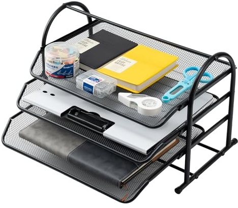 3 Tier Mesh Letter Tray,Office Desk Paper Organizer File Trays,Metal Desktop File Paper Tray for Home Office (Black)
