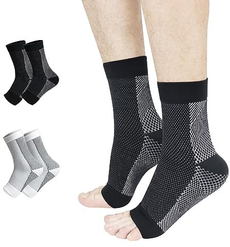 Kseyic 2 Paare Neuropathie Socken, Nano-Neuropathie-Socken, Kompressions socken, Knöchelbandage Socken Fußbandage bei Plantarfasziitis Arthritis Fersensporn Damen Herren(Schwarz und weiß, L-XL)