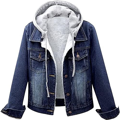 L9WEI Vestes en jean délavé rembourrées pour femmes, décontractée, avec manches longues, capuche, bleu foncé, 4XL