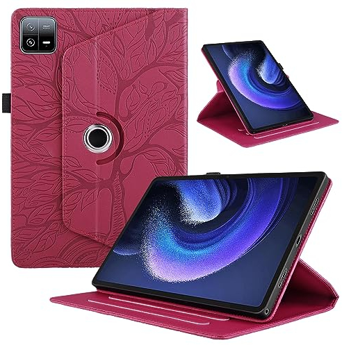 TEDTIKJT Funda para Xiaomi Pad 6 Pro/Xiaomi Pad 6 11 2023 PU Cuero Folio Tablet Protectora Cover Xiaomi Pad 6 Pro 360°Carcasa Giratoria de ángulo Múltiple con Soporte Función, Rojo Árboles