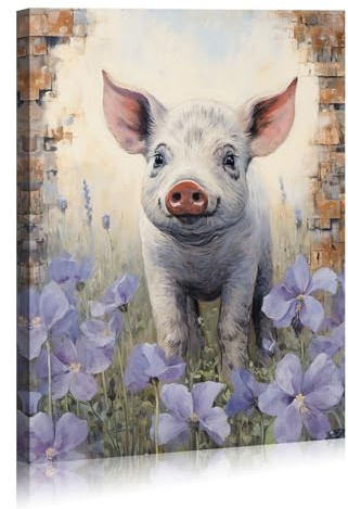 Schwein-Bilder, Leinwand-Kunstwerk, Motiv: lila Blumen, gemaltes Schwein, Illustration, Wanddekoration, Bauernhoftier-Poster, Wandbild für Schlafzimmer, Badezimmer und Küche, gerahmt und fertig zum