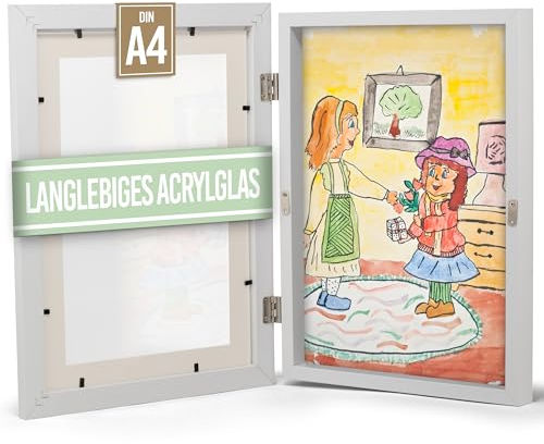 KIYARI Bilderrahmen Kinderzeichnungen A4 Weiß, Aufklappbar & Frontöffnung, für bis zu 150 Zeichnungen, Robustes Holz & bruchsicheres Glas, Ideal für Kunstprojekte, Kinderzimmer & Schule