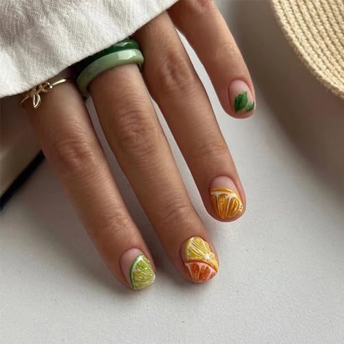 24pcs Short Square False Nails Stick on Nails Green Yellow Orange Lemon Pattern Press on Nails Removable Glue-on Nails Full Cover Fake Nails Women Brides Nail Art Accessories