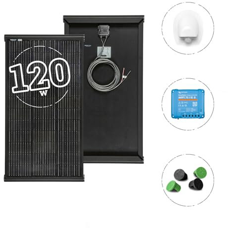 MOSCATELLI Pannello Solare Camper 120W Black Boost Monocristallino PERC Kit Pannello Solare per Camper con Profilo integrato in Alluminio Nero per fissaggio al tetto - Regolatore MPPT Bluetooth 10A