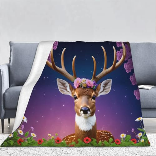 3D Hirschmotiv Kuscheldecke Flauschig Flanell Mädchen Blumen Decken Wohndecke Flanelldecke Sofadecke Couchdecke Geschenke für Kinder Erwachsener Decke 100x130cm