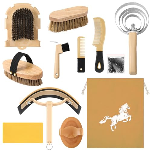 Abbylike 12 Pieces Horse Grooming Kit Racing Festival Tack Room Supplies Horse Brush Sets Equine Care Cleaning Kit Shedding Grooming Massaging Tools(Khaki)