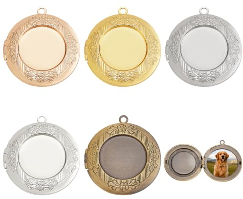 FINGERINSPIRE 5Pcs Engraved Flower Photo Locket 32mm 5Color Round Locket Pendant Holds 1~2 Picture Brass Photo Locket Pendant Minimalist Style Locket Pendant Picture Jewelry for Women Girl Mother Gift
