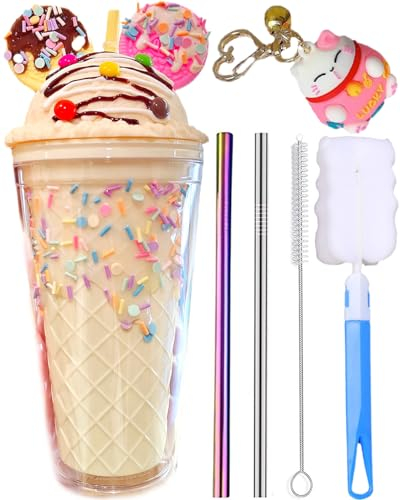 seelucky Unicorn Travel Tumbler with Straw Sequin Ice Drinking Cup Freezer Mug Plastic Cup for Picnic Party Birthday (ice cream ear yellow 7)