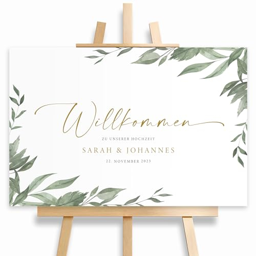 Willkommensschild Hochzeit Greenery personalisiert mit Datum und Namen, Hochzeitsdeko, Aufsteller Willkommen Schild, Grün, Leinwand, 60x40, (HEI Print)