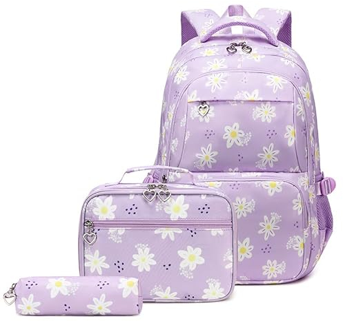 TCYIN Schulrucksack Teenager Mädchen Schule Rucksack Damen Schulranzen Wasserdicht Kinder Schultasche Bookbag Daypack für Reise Sport(Rucksack set Lila)