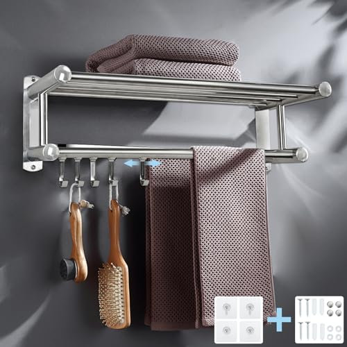 Bathroom Towel Rail Wall Mounted, Towel Holder with 5 Activity Hooks, Towel Rack Stainless Steel SUS 304, Bathroom Storage Shelf Double Towel Bars Bathroom Accessories 2-Tier (50cm)