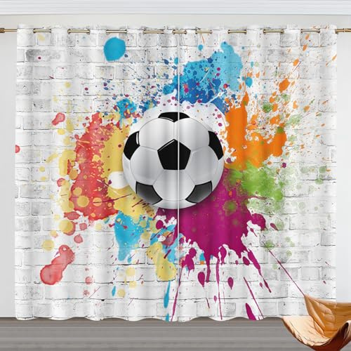 Fadaing Fußball Verdunkelungsvorhang Cartoon Fußball Fenstervorhang Schlafzimmer 100x140cm 3D Fußball Blickdicht Vorhnge Dekor Jungen Jugendliche Kinder Vorhang (150x166cm(BxH)/ 75x166cmx2,7)