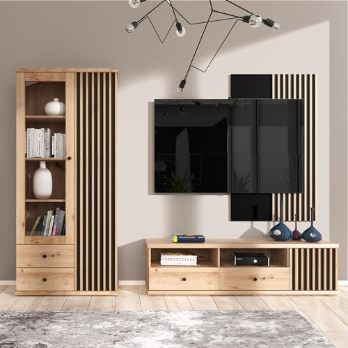 Wohnwand Anbauwand 3-teilig, Vitrine, TV Lowboard, Wandpaneel, Eiche mit schwarz