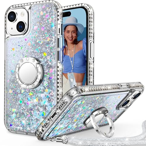 Unlicaku for iPhone 15 Case with Stand, Sparkle Glitter Case with Ring and Lanyard, Women Girls Luxury Cute Bling Diamond Protective Phone Cover for iPhone 15, Clear Silver