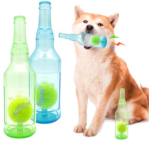 Cxqbsmy 2-Pack Squeaky Dog Toys - Plastic Bottle Toys with Tennis Ball - Interactive Teeth Cleaning Toy for Large & Small Dogs