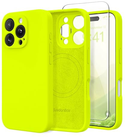 SuydanBox Magnetic for iPhone 16 Pro Case, Compatible with MagSafe, [Full Camera Protection][Screen Protector] Silicone Shockproof Protective Phone Case for iPhone 16 Pro 6.3, Fluorescent Green