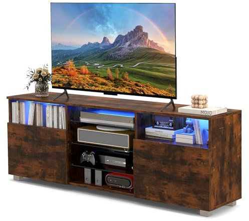 COSTWAY LED TV Stand Cabinet for 65 inch TVs, Wooden Entertainment Center with RGB LED Lights, Adjustable Glass Shelves and 2 Doors, 146cm Console Table Unit for Living Room (Rustic Brown)