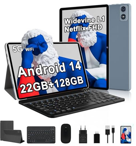 fezawio Android 14 Tablet 10 Zoll 22GB RAM+128GB ROM Octa-Core Tablet 5G WiFi, Mit Tastatur Maus, 8000mAh, (1TB TF) Mit HüLle + EIN Jahr Bildschirm Bruchversicherung-Grau