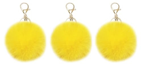 jtkdxqs Lot de 3 porte-clés à pompons en fourrure de lapin artificielle douce pour femme, jaune, 3.1in