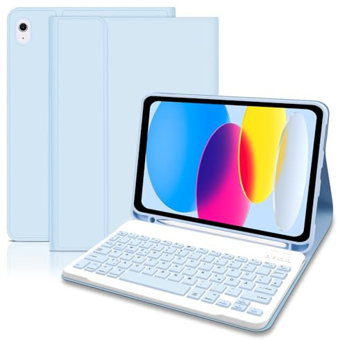 Hofsos Hülle mit Tastatur für IPad 11/10 Generation (2025/2022, 11/10.9 Zoll) - Abnehmbare Magnetische Schutzhülle Tastatur mit Pencil Halter für iPad 11./10. Gen, QWERTZ Layout Keyboard, Himmelblau