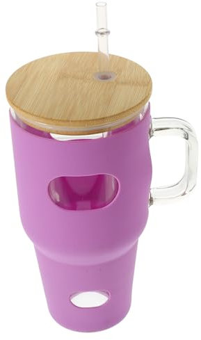 TOPPERFUN Vaso Vidrio Transparente Pajita Botella Cubierta de Silicona Color Violeta Uso Diario Oficina Hogar