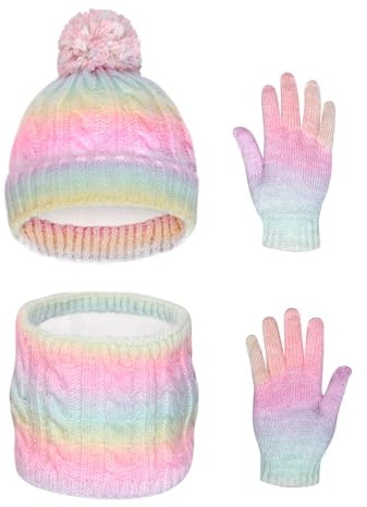Waylipun Kinder Mütze Schal Handschuh Set, Warm Wintermütze Strickmütze Beanie Hut mit Plüsch Innenfutter für 2-7 Jahre Kinder Jungen Mädchen