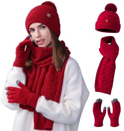 Mhwgo Mütze Schal Handschuhe Set für Damen, Beanie Mütze Damen Winter mit Bommel Fleece Gefütterte, Touchscreen Handschuhe Schal Wärmer Mütze, Winterhandschuhe Weihnachten Geschenk für Frauen (RE)