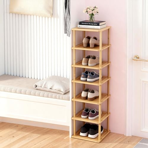 Aniston Schuhregal mit 7 Ebenen aus Bambus, freistehend, schmal, schmal, vertikal, für Garage, Schrank, Tür, Ecke, Wohnzimmer, kleine Räume (7 Ebenen)