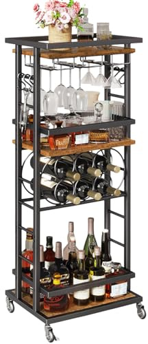 IBUYKE Portabottiglie da Terra con Ruote,Carrello 4 Livelli,Marrone TMJ912H