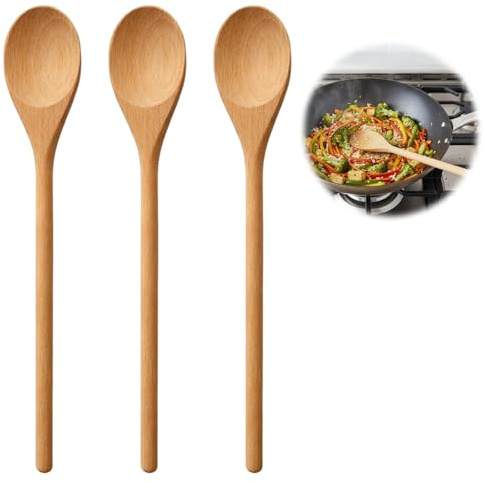 3 Pcs 30×6cm Wooden Spoons for Cooking, Long Handle Wooden Spoons | Wood Stirring Spoon for Salad Mixing, Soup, Hotpot, Deep Pot and Pan, Cooking Utensils Set for Kitchen Home
