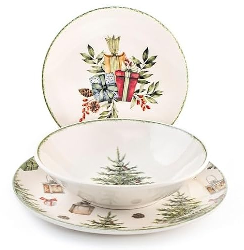 18-teiliges Weihnachts-Geschirrset aus Steinzeug für 6 Personen – Spülmaschinenfest & Mikrowellengeeignet – Inkl. Speiseteller, Dessertteller & Suppenteller (Frohe Weihnachten)