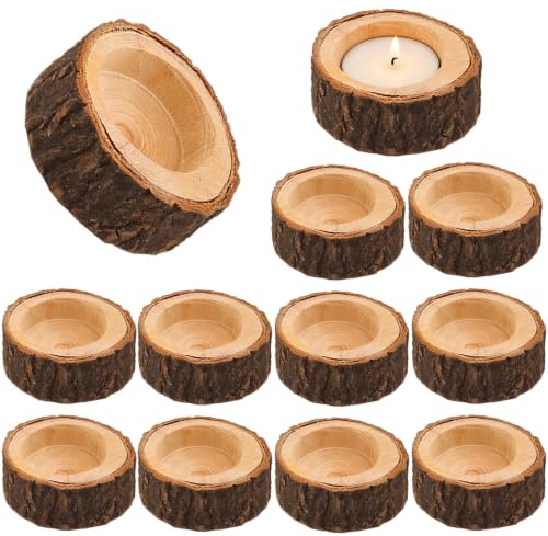 12 Stück Teelichthalter Holz, Rund Vintage Kerzenhalter | für Tischdeko, Hochzeit, Heimdekoration, Geburtstag