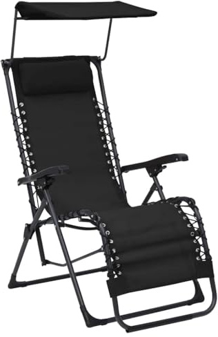 Runheo Liegestuhl Klappbar Textilene Schwarz mit Sonnendach verstellbar und wetterfest für Terrasse Balkon Garten Camping entspannende Relaxliege mit gepolsterter Kopfstütze und ergonomischer