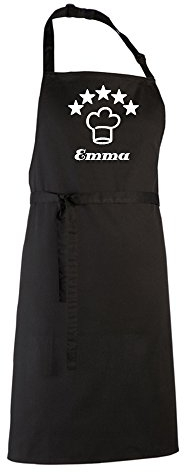 freitex Schwarze Schürze mit Namen individuell bedruckt mit Motiv Kochmütze 5 Sterne