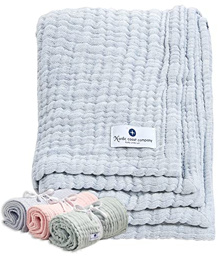 Puckdecke Musselindecke Baby Nordic Coast Babydecke Musselin Musstücher Einschlagdecke ab Geburt Erstlingsdecke Mullwindle Pucktücher Krabbeldecke Spucktuch Blau, 90x120